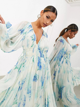 Women's V-neck see-through pleated waist drawstring long-sleeved printed chiffon dress