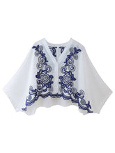 Women's V-neck embroidered contrast bat sleeve shirt