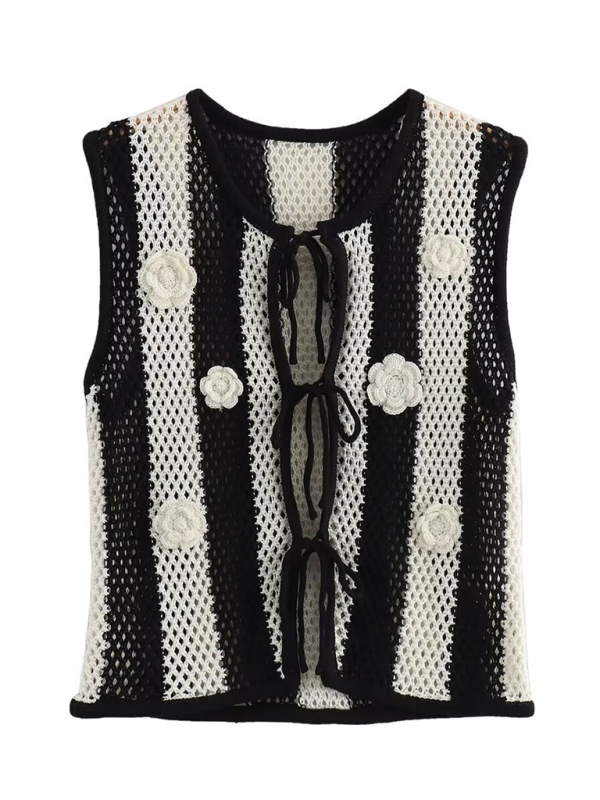 New patchwork hand-appliqué lace-up knitted vest