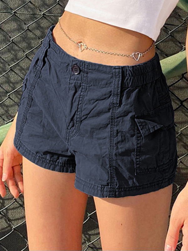 New hot girl street retro distressed low waist asymmetric pocket workwear casual shorts