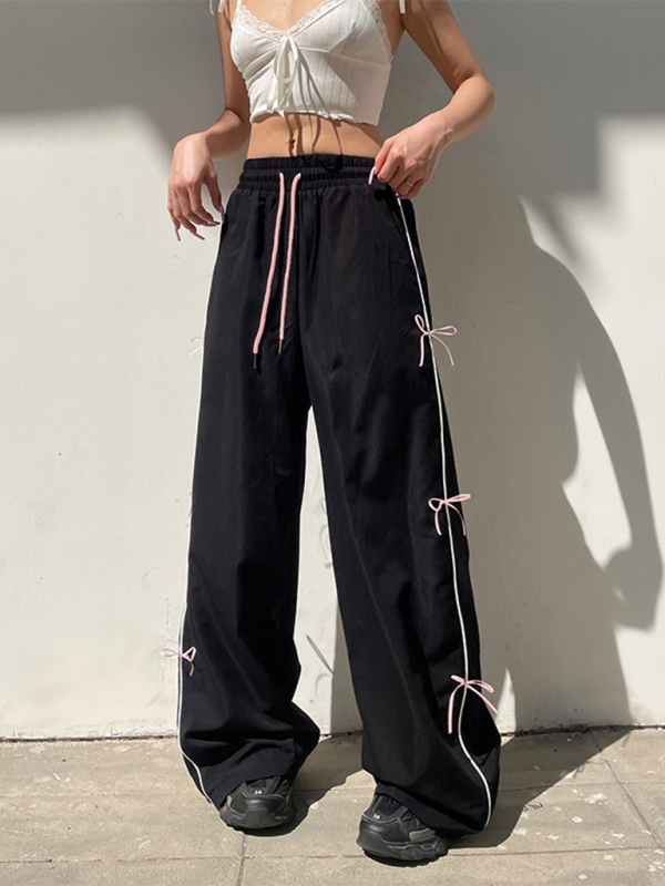 Street style loose personality bow stitching wide-leg casual trousers