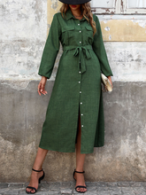 New Lapel Green Long Sleeve Solid Color Dress