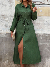 New Lapel Green Long Sleeve Solid Color Dress