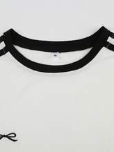 Simple basic contrast stripes stitching embroidered small bow slim round neck short sleeve T-shirt