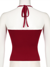 Neckline lace stitching small pleats halter neck tie red tube top vest