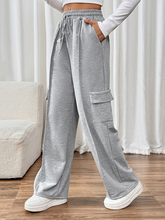 Casual elastic high waist patchwork pocket straight pants