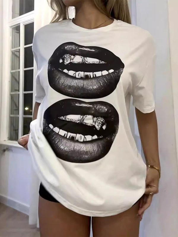 New Fashion Lip Printed Round Neck Short Sleeve T-Shirt