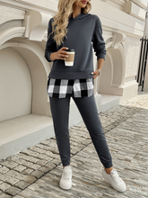 Women's casual contrast plaid hooded sweatshirt with cuffs and trousers suit