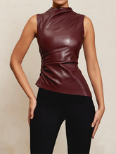 New Leather Stacked Neck Personalized Waist Slant Hem Sleeveless Top