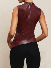 New Leather Stacked Neck Personalized Waist Slant Hem Sleeveless Top