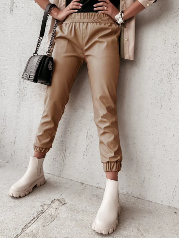 Women's Fashion Mid Waist Casual Leather Pants