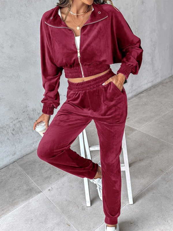 New solid color leisure sports gold velvet long-sleeved pants suit