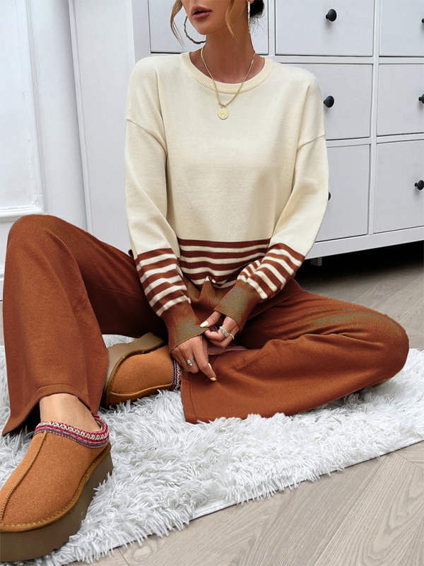 Casual Loose Clashing Color Straight Pants Sweater Set