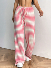 Women's new casual striped solid color rubber band drawstring straight leg pants