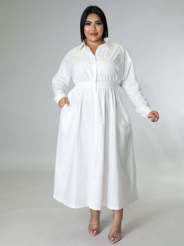 Plus Size Women's Solid Color Long Sleeve Shirt Dresses